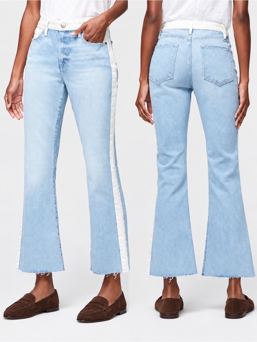 FRAME Le Crop Mini Boot Colorblock Jeans Olin Blue White Raw Hem Sz 26 Like New